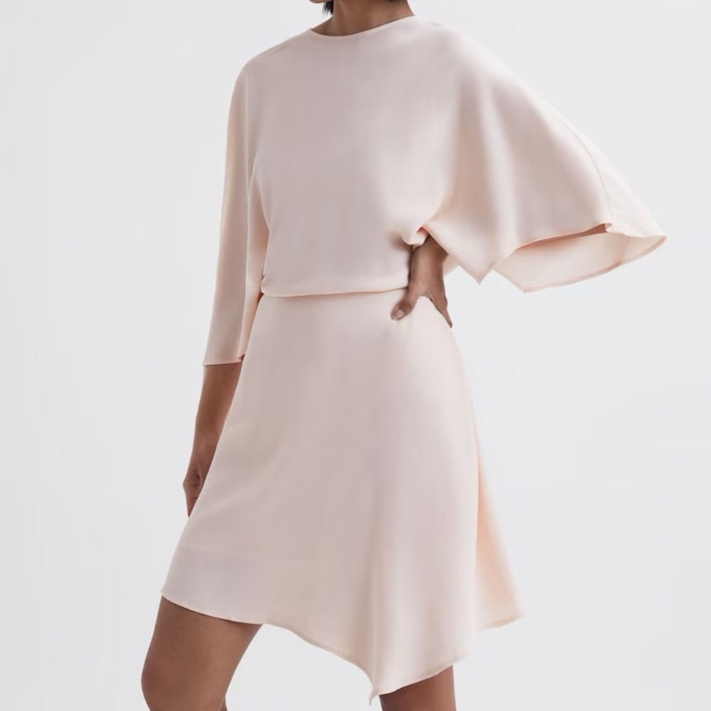 Share Reiss Christy Cape Sleeve Asymmetric Mini Dress Nude Size 4 Orig. $385